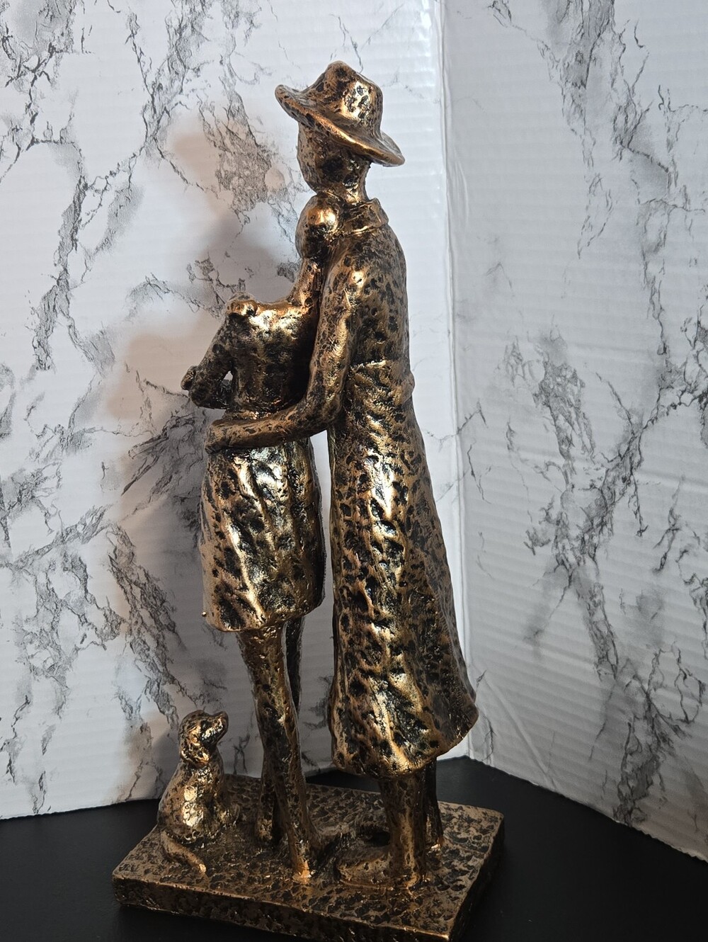 Bronze Couple Statue W/ Pet Dog Loving Embrace